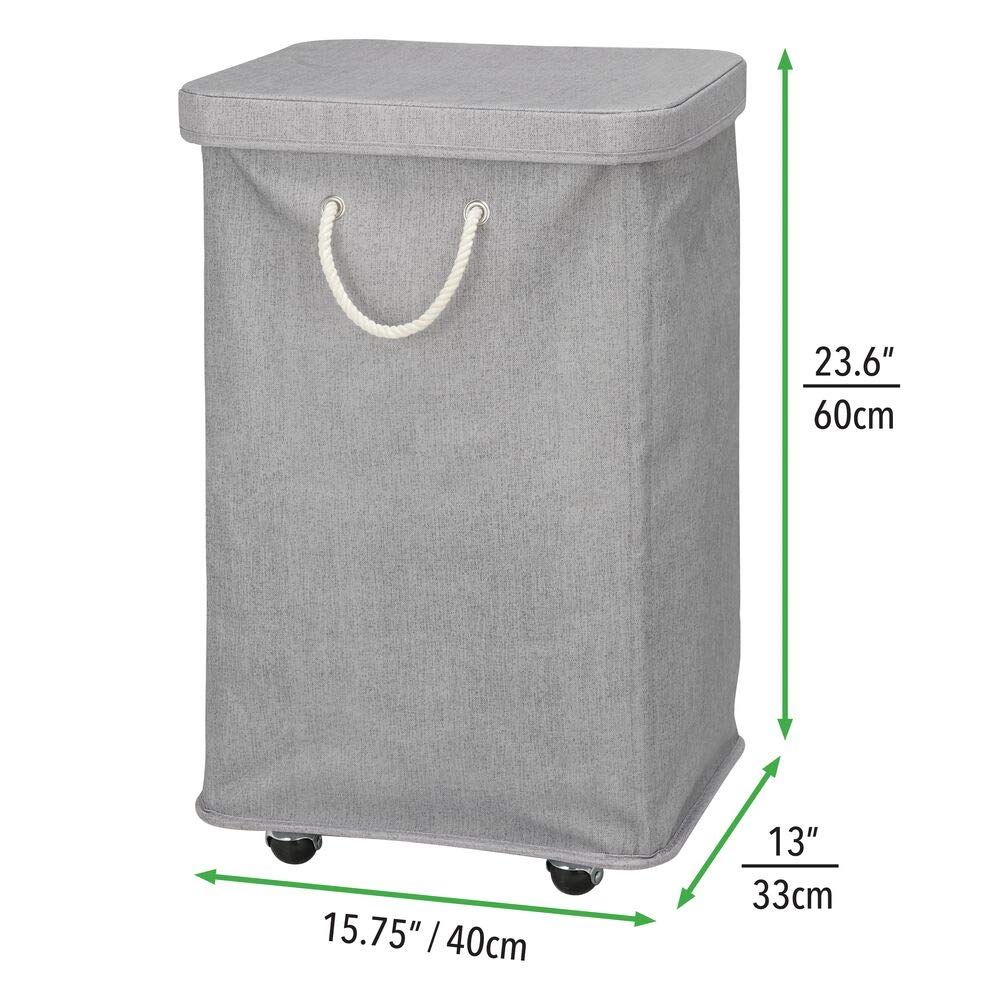 Mdesign Large Polyester Rolling Laundry Hamper With Wheels, Removable Lid, And Rope Carrying Handles - Collapsible Hampers With